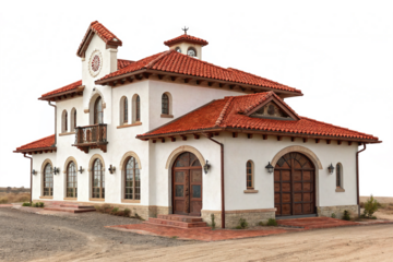 Elegant Mediterranean Style Villa with Tile Roof and Arched Windows in Scenic Landscape