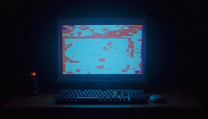 Old Computer Display With Pixelated Screen And Keyboard On Desk Dark Room Retro Technology