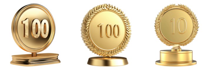 100 Golden podium isolated on transparent background. PNG, Set of