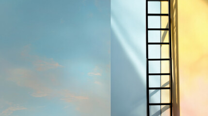 A clean vertical ladder positioned against a sunlit pastel yellow wall, backdrop of soft blue sky with gentle clouds, high contrast shadows creating rhythm