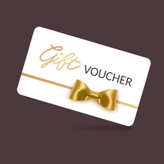 Gift voucher template with Gold realistic ribbon. Vector illustration. Design for invitation, certificate, gift coupon, ticket or voucher