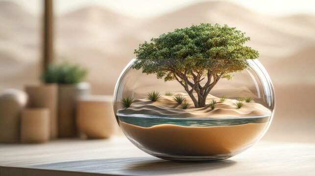 A miniature desert island ecosystem in a glass sphere, showcasing a small tree, sand, and water, highlighting a tranquil oasis within an interior setting