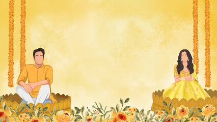 Haldi Invite card template with bride and groom illustration sitting in ȧ tub, themed with yellow florals