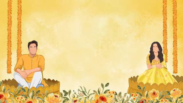 Haldi Invite card template with bride and groom illustration sitting in ȧ tub, themed with yellow florals