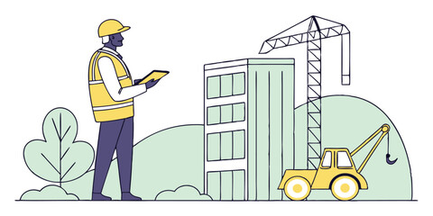 Construction Worker with Crane and Building Vector Illustration for Stock Use