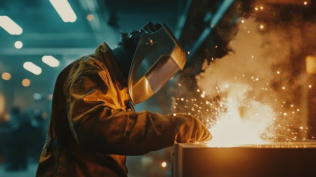 Industrial welder in protective gear performing welding operation amidst sparks and intense light
