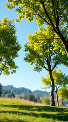 Fototapeta premium Nature of beautiful trees as cover page background, created by generative ai