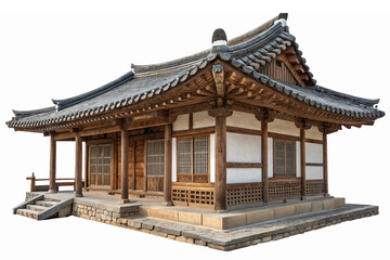 Fototapeta premium Traditional Korean Hanok Architectural Design with Detailed Woodwork and Curved Roof on Transparent Background