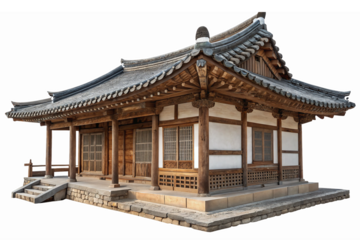 Traditional Korean Hanok Architectural Design with Detailed Woodwork and Curved Roof on Transparent Background