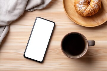 Overhead flat lay of smartphone with coffee and pastry on wooden table for app ui demo or text block