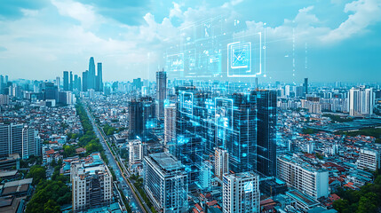 Obraz premium An AI powered system optimizing real estate investment by analyzing property data, AI-assisted market prediction, and real-time property value tracking for more informed investment decisions