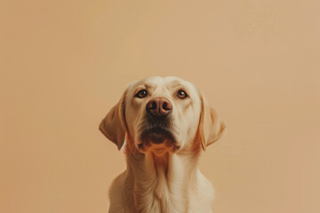 Labrador Retriever with gentle expression sits against warm beige background