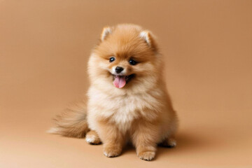 Fluffy Pomeranian puppy sitting on brown background, looking cheerful and adorable