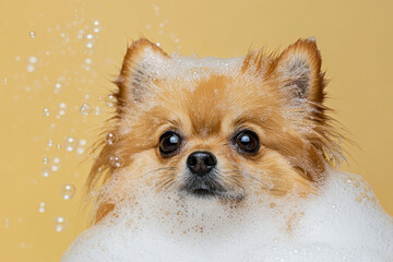 fluffy Pomeranian dog enjoys bubbly bath, surrounded by soap suds against yellow background. scene is playful and cute