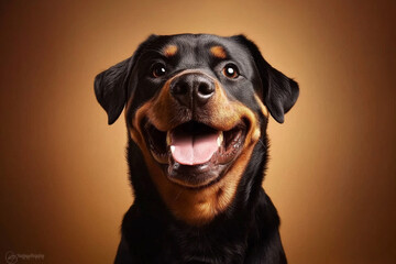 happy Rottweiler dog with joyful expression against warm brown background. dog shiny coat and bright eyes are prominent
