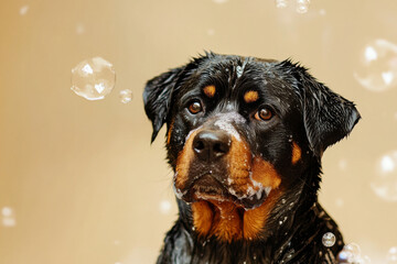 wet Rottweiler dog with soap bubbles around, looking curious and playful. background is soft beige color
