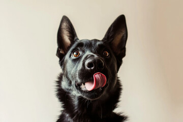 black dog with pointy ears and playful expression licks its nose against neutral background