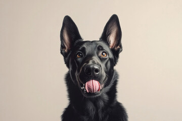 black German Shepherd with perky ears and playful expression sits against neutral background