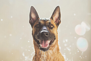 happy German Shepherd dog enjoying refreshing shower with water droplets splashing around