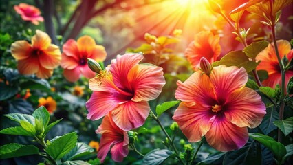 Fototapeta premium Vibrant hibiscus blossoms bathed in warm sunlight, showcasing their delicate petals and rich colors in a lush garden setting.