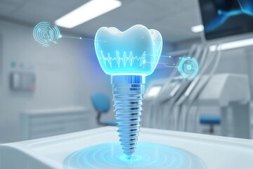 Sensor activated dental implant emits a soft blue glow in a clinical environment with ui elements.