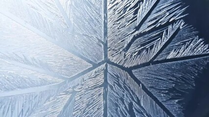 Macro shot of ice patterns forming on a window. Beautiful frosty design. Ideal for winter, cold weather, and abstract nature projects