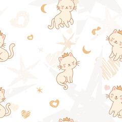 Seamless Pattern of Cute Princess Cat Wearing Crown with pastel-colored hearts, stars, on beige Background