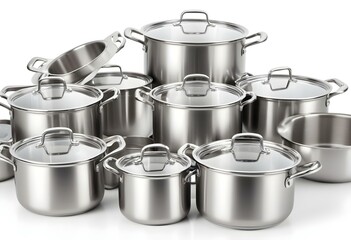 Stainless pots isolated on white background