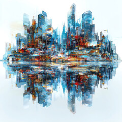 Abstract cityscape rendering featuring blue white and gold tones reflected as if on a body of water.