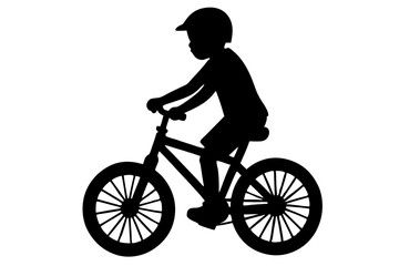 Silhouette of a kid riding a bicycle with helmet