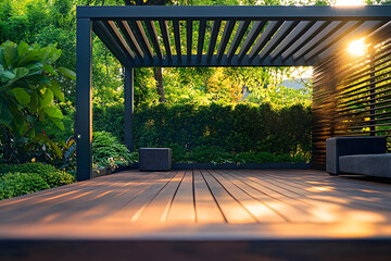 Modern pergola providing shade on wooden deck in luxurious backyard