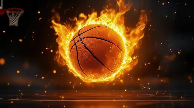 Fiery basketball spinning in dramatic flames, symbolizing power, energy, and unstoppable passion for game. Perfect for expressing intensity and thrill of professional basketball game