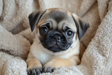 Adorable pug puppy relaxing on cozy blanket