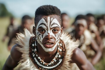Indigenous boy performing tribal dance with traditional face paint and costume