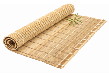 Natural Bamboo Sushi Rolling Mat with Green Herbs on a White Background for Culinary Use