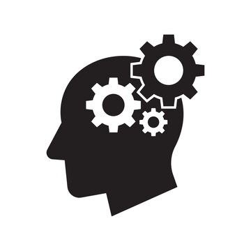 Human head gears tech logo, Cogwheel engineering technological inside brain, Artificial intelligence, Simple flat design icon symbol, Vector illustration