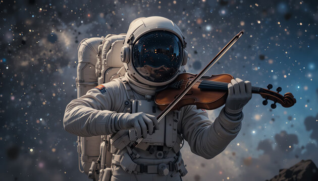 An astronaut in space skillfully plays a violin, surrounded by a mesmerizing cosmic backdrop filled with stars and celestial wonders.