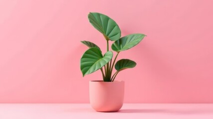 Fototapeta premium Green potted plant with wide leaves on pink background in minimal style.
