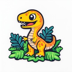 Fototapeta premium Cute cartoon dinosaur character with vibrant colors and tropical leaves in a fun and playful design