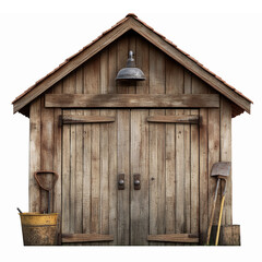 Rustic Wooden Garden Shed with Shovel and Rake for Outdoor Storage and Landscaping Projects