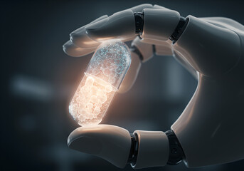 Medical bright capsule in hand of robot. Pharmacology of future with bio formula for therapy. Development drug with help biotechnology