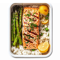 Grilled Salmon Fillet with Asparagus Rice and Lemon Garnish Healthy Meal Preparation