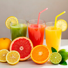 Vibrant Assortment of Freshly Squeezed Fruit Juices A Colorful Display of Healthy Beverages with Citrus Fruits