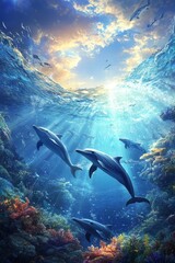 Obraz premium Dolphins swim in a bright blue ocean with sunlight shining