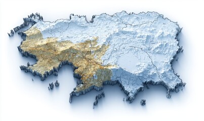 3D topographic map of Slovenia, showing terrain variations against a white background.  Useful for geography education