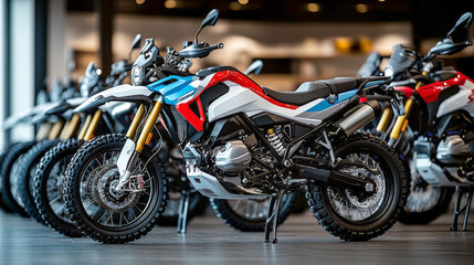 Obraz premium Moto store with adventure bikes different colors are standing in row. Adventure bikes parked in a motorcycle shop with blurred background.