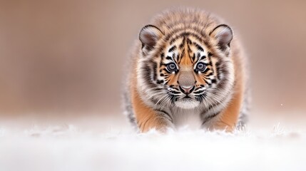 Obraz premium A fluffy tiger cub, with striking orange and black stripes and bright blue eyes, is the focus. Its positioned in the foreground against a blurred, neutral background of white. The image is high-quali