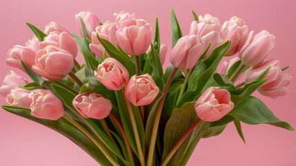 Fototapeta premium Blooming Pink Tulips Bouquet on Pink Background - Spring Floral Arrangement