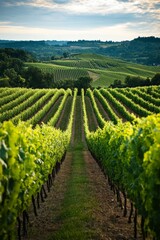 Fototapeta premium Vineyard rows stretch into the distance under a cloudy sky.