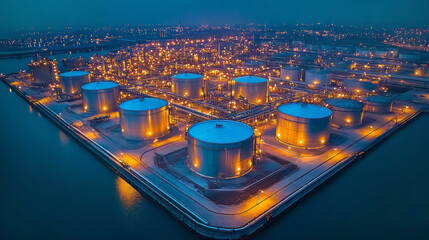 Aerial view Industry zone of a LNG or LPG plant. Liquefied natural gas plant with a lot of liquefied natural gas tanks. Liquefied natural gas station.